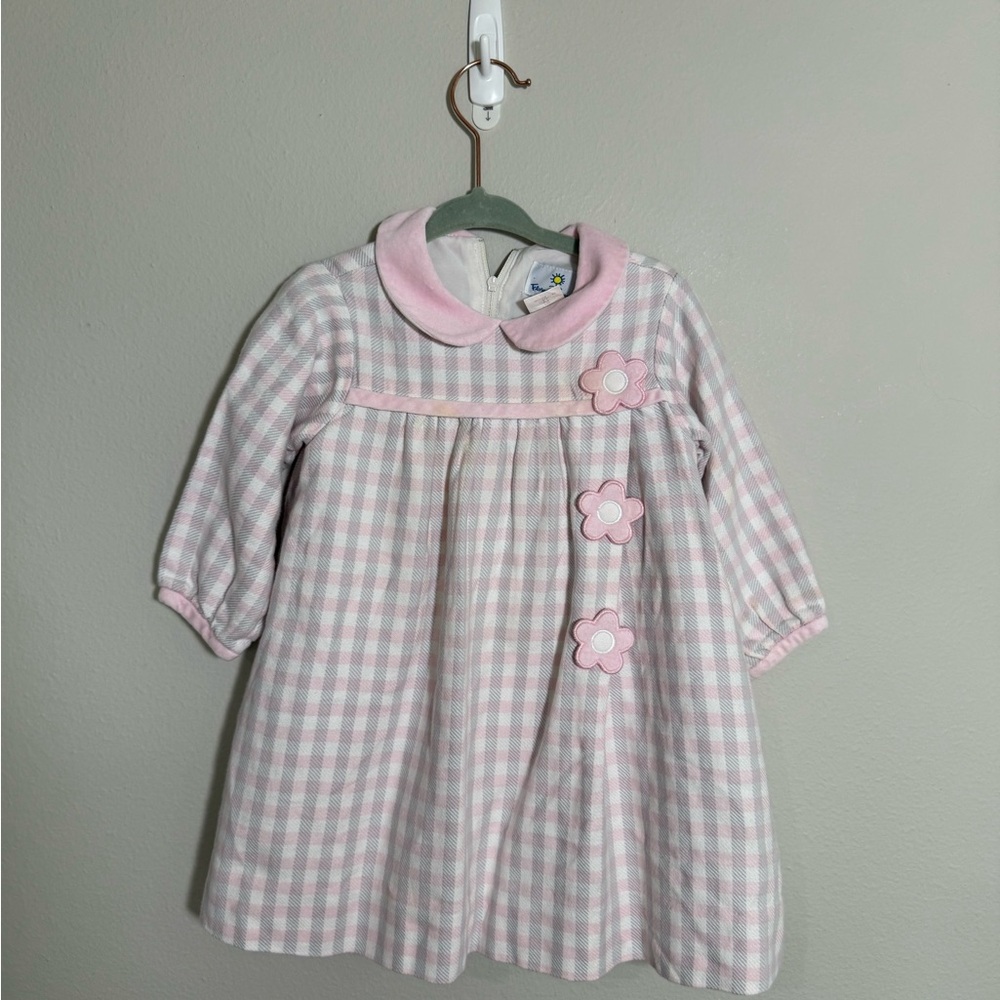 Florence Eiseman Pink and White Gingham Flower Appliqué Dress